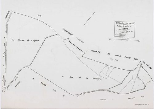 BOULLAY-LES-TROUX, plans minutes de conservation : tableau d'assemblage,1933, Ech. 1/10000 ; plans des sections A1, A2, B2, 1933, Ech. 1/1250, section B1, 1933, Ech. 1/2500, sections ZA, ZB, 1968, Ech. 1/2000. Polyester. N et B. Dim. 105 x 80 cm [7 plans]