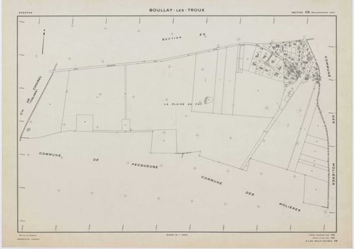 BOULLAY-LES-TROUX, plans minutes de conservation : tableau d'assemblage,1933, Ech. 1/10000 ; plans des sections A1, A2, B2, 1933, Ech. 1/1250, section B1, 1933, Ech. 1/2500, sections ZA, ZB, 1968, Ech. 1/2000. Polyester. N et B. Dim. 105 x 80 cm [7 plans]