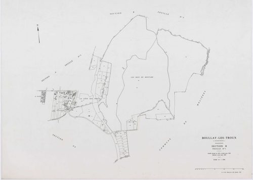 BOULLAY-LES-TROUX, plans minutes de conservation : tableau d'assemblage,1933, Ech. 1/10000 ; plans des sections A1, A2, B2, 1933, Ech. 1/1250, section B1, 1933, Ech. 1/2500, sections ZA, ZB, 1968, Ech. 1/2000. Polyester. N et B. Dim. 105 x 80 cm [7 plans]