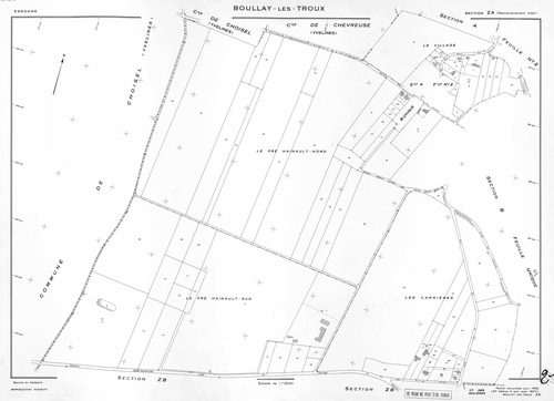 BOULLAY-LES-TROUX. - Plan révisé pour 1933, à jour pour 1977 (3ème édition) : plans du tableau d'assemblage, des sections A dite des Troux (feuilles 1-2) et B dite de Montabé (feuilles 1-2) ; feuille renouvelée pour 1968, à jour pour 1977 (2ème édition) :
