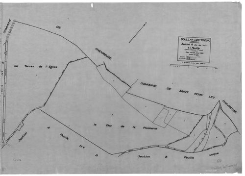 BOULLAY-LES-TROUX .- Cadastre révisé pour 1933 : plan du tableau d'assemblage, plans de la section A les Troux 1ère feuille, idem 2ème feuille, section B Montabé, section C le Pré-Hainault, section D la Plaine du Fay ; cadastre révisé pour 1933 mis à jour