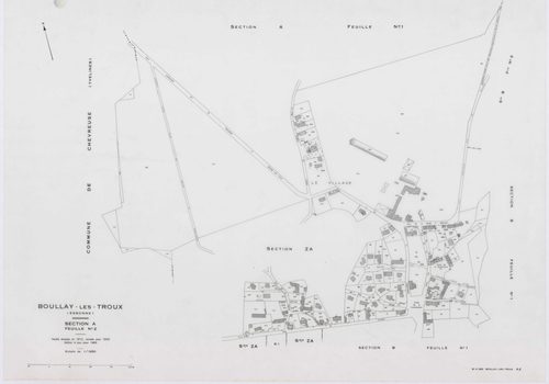 BOULLAY-LES-TROUX, plans minutes de conservation : tableau d'assemblage,1933, Ech. 1/10000 ; plans des sections A1, A2, B2, 1933, Ech. 1/1250, section B1, 1933, Ech. 1/2500, sections ZA, ZB, 1968, Ech. 1/2000. Polyester. N et B. Dim. 105 x 80 cm [7 plans]