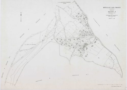 BOULLAY-LES-TROUX, plans minutes de conservation : tableau d'assemblage,1933, Ech. 1/10000 ; plans des sections A1, A2, B2, 1933, Ech. 1/1250, section B1, 1933, Ech. 1/2500, sections ZA, ZB, 1968, Ech. 1/2000. Polyester. N et B. Dim. 105 x 80 cm [7 plans]