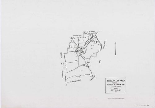 BOULLAY-LES-TROUX, plans minutes de conservation : tableau d'assemblage,1933, Ech. 1/10000 ; plans des sections A1, A2, B2, 1933, Ech. 1/1250, section B1, 1933, Ech. 1/2500, sections ZA, ZB, 1968, Ech. 1/2000. Polyester. N et B. Dim. 105 x 80 cm [7 plans]