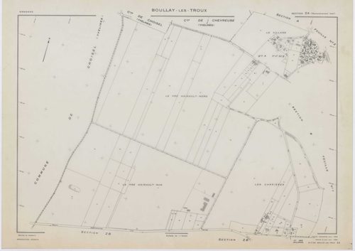 BOULLAY-LES-TROUX, plans minutes de conservation : tableau d'assemblage,1933, Ech. 1/10000 ; plans des sections A1, A2, B2, 1933, Ech. 1/1250, section B1, 1933, Ech. 1/2500, sections ZA, ZB, 1968, Ech. 1/2000. Polyester. N et B. Dim. 105 x 80 cm [7 plans]