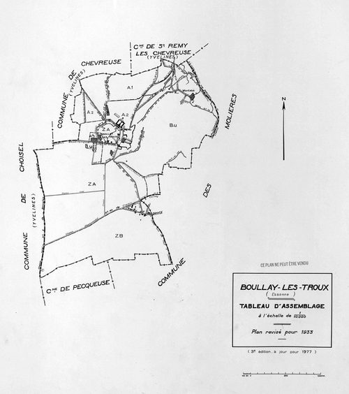 BOULLAY-LES-TROUX. - Plan révisé pour 1933, à jour pour 1977 (3ème édition) : plans du tableau d'assemblage, des sections A dite des Troux (feuilles 1-2) et B dite de Montabé (feuilles 1-2) ; feuille renouvelée pour 1968, à jour pour 1977 (2ème édition) :