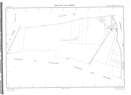BOULLAY-LES-TROUX .- Cadastre révisé pour 1933 : plan du tableau d'assemblage, plans de la section A les Troux 1ère feuille, idem 2ème feuille, section B Montabé, section C le Pré-Hainault, section D la Plaine du Fay ; cadastre révisé pour 1933 mis à jour