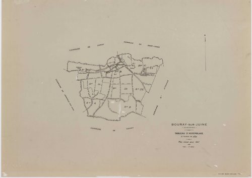 BOURAY-SUR-JUINE, plans minutes de conservation : tableau d'assemblage,1947, Ech. 1/10000 ; plans des sections A1, A2, D, 1947, Ech. 1/2500, sections B1, B2, C1, C2, 1947, Ech. 1/1250, sections ZA, ZB, ZC, 1968, Ech. 1/2000. Polyester. N et B. Dim. 105 x 