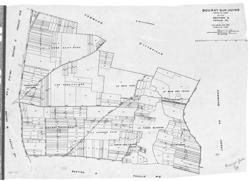 BOURAY-SUR-JUINE .- Cadastre révisé pour 1947 : plan du tableau d'assemblage , plans de la section A 1ère feuille, idem 2ème feuille, section C 2ème feuille, section D 1ère feuille, idem 2ème feuille, [6 plans]. 