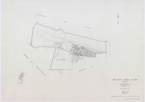 BOURAY-SUR-JUINE, plans minutes de conservation : tableau d'assemblage,1947, Ech. 1/10000 ; plans des sections A1, A2, D, 1947, Ech. 1/2500, sections B1, B2, C1, C2, 1947, Ech. 1/1250, sections ZA, ZB, ZC, 1968, Ech. 1/2000. Polyester. N et B. Dim. 105 x 