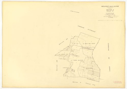 Plans minutes de conservation : BOURAY-SUR-JUINE : tableau d'assemblage n°1, ech. 1/10000 (1947), sections A1, A2, D1, D2, ech. 1/2500, sections B1, B2, C1, C2, ech. 1/1250 (1947) ; tableau d'assemblage n°2, ech. 1/10000 (1947-1968), sections A2, D1, D2, 