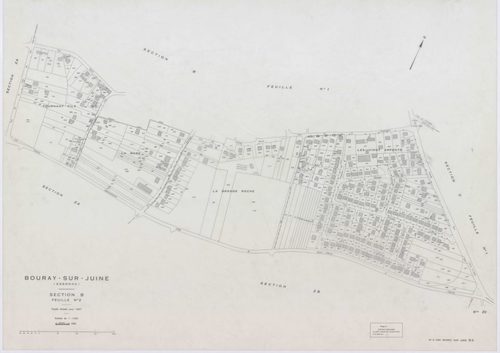 BOURAY-SUR-JUINE, plans minutes de conservation : tableau d'assemblage,1947, Ech. 1/10000 ; plans des sections A1, A2, D, 1947, Ech. 1/2500, sections B1, B2, C1, C2, 1947, Ech. 1/1250, sections ZA, ZB, ZC, 1968, Ech. 1/2000. Polyester. N et B. Dim. 105 x 