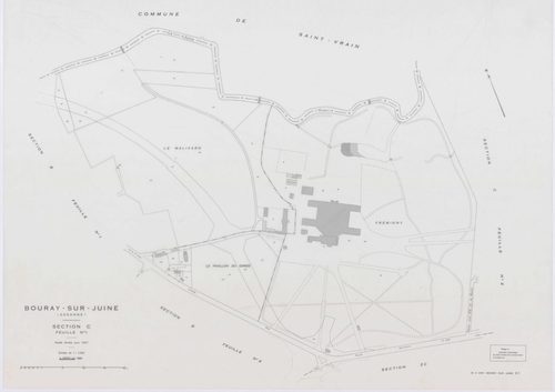 BOURAY-SUR-JUINE, plans minutes de conservation : tableau d'assemblage,1947, Ech. 1/10000 ; plans des sections A1, A2, D, 1947, Ech. 1/2500, sections B1, B2, C1, C2, 1947, Ech. 1/1250, sections ZA, ZB, ZC, 1968, Ech. 1/2000. Polyester. N et B. Dim. 105 x 