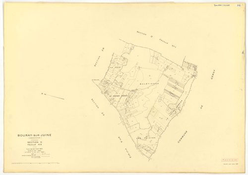 Plans minutes de conservation : BOURAY-SUR-JUINE : tableau d'assemblage n°1, ech. 1/10000 (1947), sections A1, A2, D1, D2, ech. 1/2500, sections B1, B2, C1, C2, ech. 1/1250 (1947) ; tableau d'assemblage n°2, ech. 1/10000 (1947-1968), sections A2, D1, D2, 