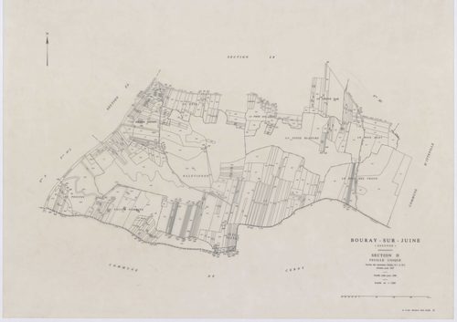 BOURAY-SUR-JUINE, plans minutes de conservation : tableau d'assemblage,1947, Ech. 1/10000 ; plans des sections A1, A2, D, 1947, Ech. 1/2500, sections B1, B2, C1, C2, 1947, Ech. 1/1250, sections ZA, ZB, ZC, 1968, Ech. 1/2000. Polyester. N et B. Dim. 105 x 
