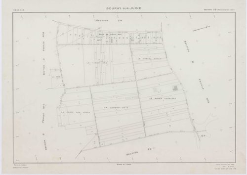 BOURAY-SUR-JUINE, plans minutes de conservation : tableau d'assemblage,1947, Ech. 1/10000 ; plans des sections A1, A2, D, 1947, Ech. 1/2500, sections B1, B2, C1, C2, 1947, Ech. 1/1250, sections ZA, ZB, ZC, 1968, Ech. 1/2000. Polyester. N et B. Dim. 105 x 
