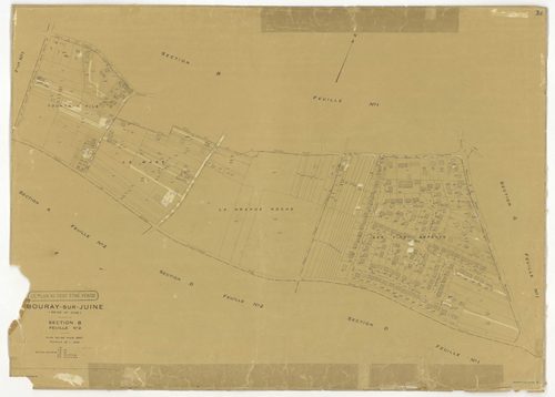 Plans minutes de conservation : BOURAY-SUR-JUINE : tableau d'assemblage n°1, ech. 1/10000 (1947), sections A1, A2, D1, D2, ech. 1/2500, sections B1, B2, C1, C2, ech. 1/1250 (1947) ; tableau d'assemblage n°2, ech. 1/10000 (1947-1968), sections A2, D1, D2, 