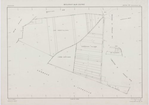 BOURAY-SUR-JUINE, plans minutes de conservation : tableau d'assemblage,1947, Ech. 1/10000 ; plans des sections A1, A2, D, 1947, Ech. 1/2500, sections B1, B2, C1, C2, 1947, Ech. 1/1250, sections ZA, ZB, ZC, 1968, Ech. 1/2000. Polyester. N et B. Dim. 105 x 
