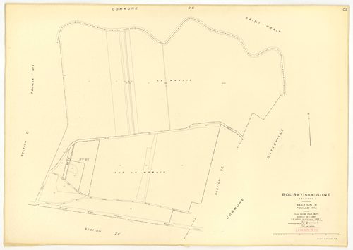 Plans minutes de conservation : BOURAY-SUR-JUINE : tableau d'assemblage n°1, ech. 1/10000 (1947), sections A1, A2, D1, D2, ech. 1/2500, sections B1, B2, C1, C2, ech. 1/1250 (1947) ; tableau d'assemblage n°2, ech. 1/10000 (1947-1968), sections A2, D1, D2, 