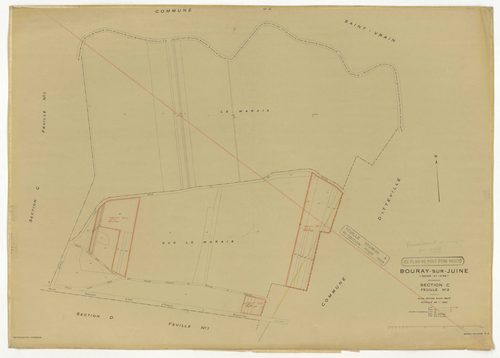 Plans minutes de conservation : BOURAY-SUR-JUINE : tableau d'assemblage n°1, ech. 1/10000 (1947), sections A1, A2, D1, D2, ech. 1/2500, sections B1, B2, C1, C2, ech. 1/1250 (1947) ; tableau d'assemblage n°2, ech. 1/10000 (1947-1968), sections A2, D1, D2, 