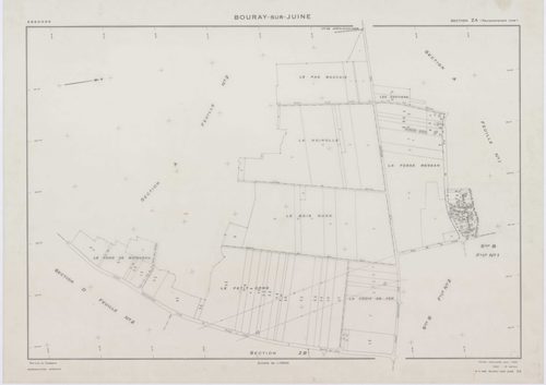BOURAY-SUR-JUINE, plans minutes de conservation : tableau d'assemblage,1947, Ech. 1/10000 ; plans des sections A1, A2, D, 1947, Ech. 1/2500, sections B1, B2, C1, C2, 1947, Ech. 1/1250, sections ZA, ZB, ZC, 1968, Ech. 1/2000. Polyester. N et B. Dim. 105 x 