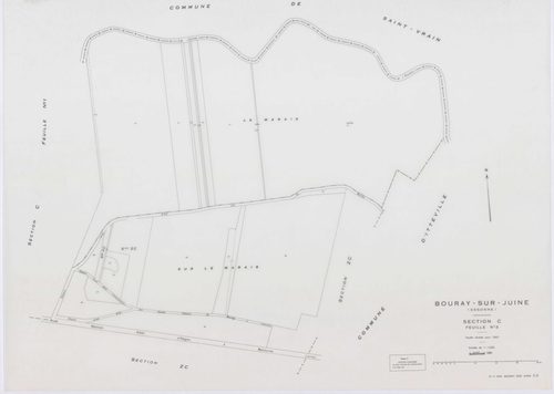 BOURAY-SUR-JUINE, plans minutes de conservation : tableau d'assemblage,1947, Ech. 1/10000 ; plans des sections A1, A2, D, 1947, Ech. 1/2500, sections B1, B2, C1, C2, 1947, Ech. 1/1250, sections ZA, ZB, ZC, 1968, Ech. 1/2000. Polyester. N et B. Dim. 105 x 