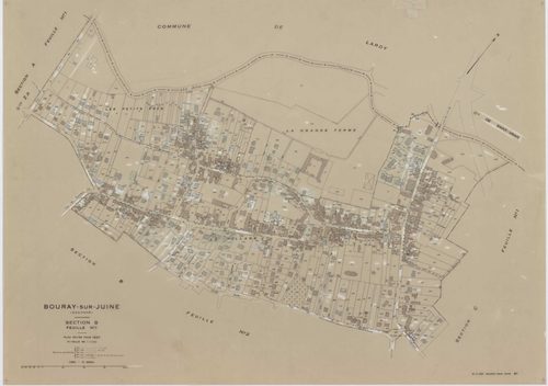 BOURAY-SUR-JUINE, plans minutes de conservation : tableau d'assemblage,1947, Ech. 1/10000 ; plans des sections A1, A2, D, 1947, Ech. 1/2500, sections B1, B2, C1, C2, 1947, Ech. 1/1250, sections ZA, ZB, ZC, 1968, Ech. 1/2000. Polyester. N et B. Dim. 105 x 