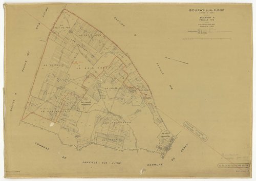 Plans minutes de conservation : BOURAY-SUR-JUINE : tableau d'assemblage n°1, ech. 1/10000 (1947), sections A1, A2, D1, D2, ech. 1/2500, sections B1, B2, C1, C2, ech. 1/1250 (1947) ; tableau d'assemblage n°2, ech. 1/10000 (1947-1968), sections A2, D1, D2, 