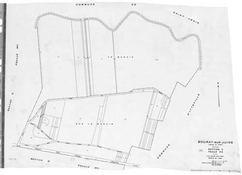 BOURAY-SUR-JUINE .- Cadastre révisé pour 1947 : plan du tableau d'assemblage , plans de la section A 1ère feuille, idem 2ème feuille, section C 2ème feuille, section D 1ère feuille, idem 2ème feuille, [6 plans]. 
