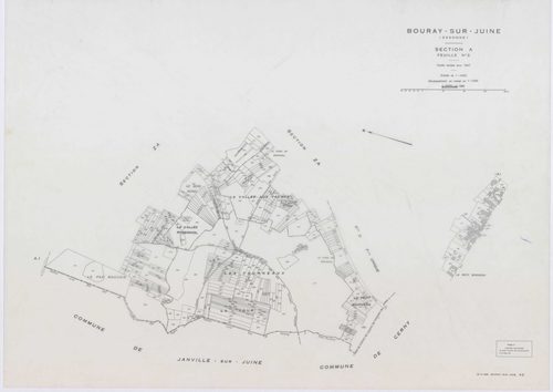 BOURAY-SUR-JUINE, plans minutes de conservation : tableau d'assemblage,1947, Ech. 1/10000 ; plans des sections A1, A2, D, 1947, Ech. 1/2500, sections B1, B2, C1, C2, 1947, Ech. 1/1250, sections ZA, ZB, ZC, 1968, Ech. 1/2000. Polyester. N et B. Dim. 105 x 