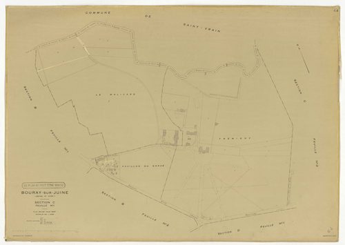 Plans minutes de conservation : BOURAY-SUR-JUINE : tableau d'assemblage n°1, ech. 1/10000 (1947), sections A1, A2, D1, D2, ech. 1/2500, sections B1, B2, C1, C2, ech. 1/1250 (1947) ; tableau d'assemblage n°2, ech. 1/10000 (1947-1968), sections A2, D1, D2, 