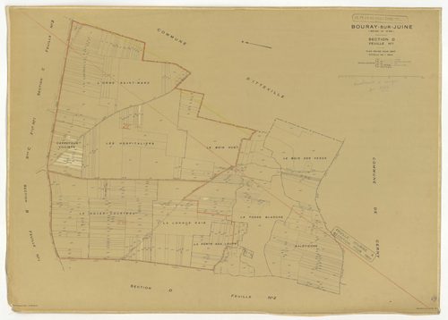 Plans minutes de conservation : BOURAY-SUR-JUINE : tableau d'assemblage n°1, ech. 1/10000 (1947), sections A1, A2, D1, D2, ech. 1/2500, sections B1, B2, C1, C2, ech. 1/1250 (1947) ; tableau d'assemblage n°2, ech. 1/10000 (1947-1968), sections A2, D1, D2, 