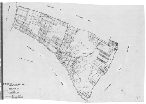 BOURAY-SUR-JUINE .- Cadastre révisé pour 1947 : plan du tableau d'assemblage , plans de la section A 1ère feuille, idem 2ème feuille, section C 2ème feuille, section D 1ère feuille, idem 2ème feuille, [6 plans]. 
