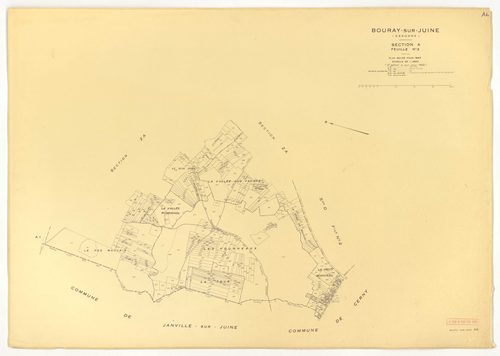 Plans minutes de conservation : BOURAY-SUR-JUINE : tableau d'assemblage n°1, ech. 1/10000 (1947), sections A1, A2, D1, D2, ech. 1/2500, sections B1, B2, C1, C2, ech. 1/1250 (1947) ; tableau d'assemblage n°2, ech. 1/10000 (1947-1968), sections A2, D1, D2, 