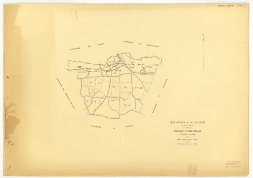 Plans minutes de conservation : BOURAY-SUR-JUINE : tableau d'assemblage n°1, ech. 1/10000 (1947), sections A1, A2, D1, D2, ech. 1/2500, sections B1, B2, C1, C2, ech. 1/1250 (1947) ; tableau d'assemblage n°2, ech. 1/10000 (1947-1968), sections A2, D1, D2, 