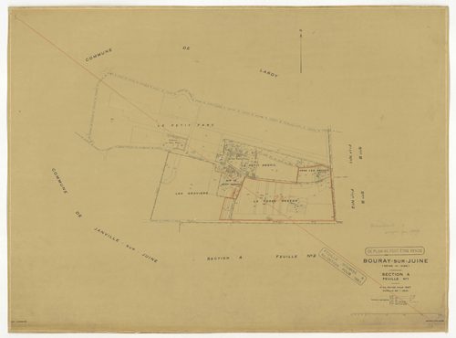 Plans minutes de conservation : BOURAY-SUR-JUINE : tableau d'assemblage n°1, ech. 1/10000 (1947), sections A1, A2, D1, D2, ech. 1/2500, sections B1, B2, C1, C2, ech. 1/1250 (1947) ; tableau d'assemblage n°2, ech. 1/10000 (1947-1968), sections A2, D1, D2, 