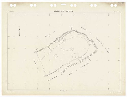 BOUSSY-SAINT-ANTOINE, plans minutes de conservation : tableau d'assemblage,1985, Ech. 1/5000 ; plans des sections AA, AB, AC, AE, AH, AI, AK, AL, AM, AN, AO, 1985, Ech. 1/1000, section AD, 1985, Ech. 1/2000. Polyester. N et B. Dim. 105 x 80 cm [13 plans].