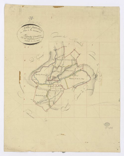 BOUSSY-SAINT-ANTOINE. - Plan d'assemblage, ech. 1/10000, coul., aquarelle, papier, 59x46 (1810). 