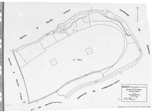 BOUSSY-SAINT-ANTOINE .- Cadastre révisé pour 1933 : plans de la section A la Cote de Rochau, section B Moulin Neuf, section C le Béry, section D le Petit Quincy, section E les Friches, section G le Village ; cadastre révisé pour 1940 : section D le Petit 