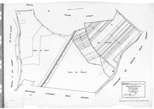 BOUSSY-SAINT-ANTOINE .- Cadastre révisé pour 1933 : plans de la section A la Cote de Rochau, section B Moulin Neuf, section C le Béry, section D le Petit Quincy, section E les Friches, section G le Village ; cadastre révisé pour 1940 : section D le Petit 