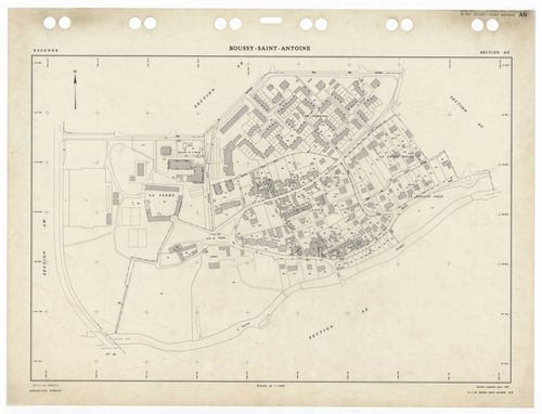 BOUSSY-SAINT-ANTOINE, plans minutes de conservation : tableau d'assemblage,1985, Ech. 1/5000 ; plans des sections AA, AB, AC, AE, AH, AI, AK, AL, AM, AN, AO, 1985, Ech. 1/1000, section AD, 1985, Ech. 1/2000. Polyester. N et B. Dim. 105 x 80 cm [13 plans].