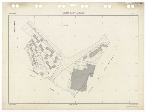 BOUSSY-SAINT-ANTOINE, plans minutes de conservation : tableau d'assemblage,1985, Ech. 1/5000 ; plans des sections AA, AB, AC, AE, AH, AI, AK, AL, AM, AN, AO, 1985, Ech. 1/1000, section AD, 1985, Ech. 1/2000. Polyester. N et B. Dim. 105 x 80 cm [13 plans].
