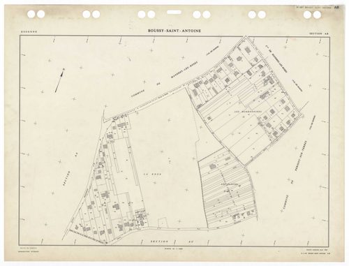 BOUSSY-SAINT-ANTOINE, plans minutes de conservation : tableau d'assemblage,1985, Ech. 1/5000 ; plans des sections AA, AB, AC, AE, AH, AI, AK, AL, AM, AN, AO, 1985, Ech. 1/1000, section AD, 1985, Ech. 1/2000. Polyester. N et B. Dim. 105 x 80 cm [13 plans].