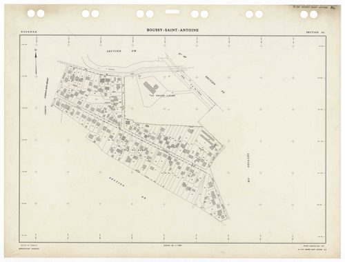 BOUSSY-SAINT-ANTOINE, plans minutes de conservation : tableau d'assemblage,1985, Ech. 1/5000 ; plans des sections AA, AB, AC, AE, AH, AI, AK, AL, AM, AN, AO, 1985, Ech. 1/1000, section AD, 1985, Ech. 1/2000. Polyester. N et B. Dim. 105 x 80 cm [13 plans].
