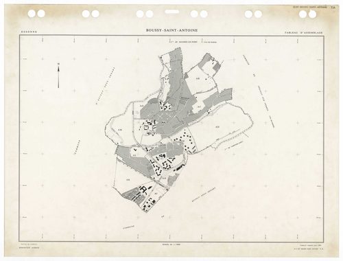 BOUSSY-SAINT-ANTOINE, plans minutes de conservation : tableau d'assemblage,1985, Ech. 1/5000 ; plans des sections AA, AB, AC, AE, AH, AI, AK, AL, AM, AN, AO, 1985, Ech. 1/1000, section AD, 1985, Ech. 1/2000. Polyester. N et B. Dim. 105 x 80 cm [13 plans].