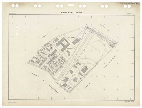 BOUSSY-SAINT-ANTOINE, plans minutes de conservation : tableau d'assemblage,1985, Ech. 1/5000 ; plans des sections AA, AB, AC, AE, AH, AI, AK, AL, AM, AN, AO, 1985, Ech. 1/1000, section AD, 1985, Ech. 1/2000. Polyester. N et B. Dim. 105 x 80 cm [13 plans].