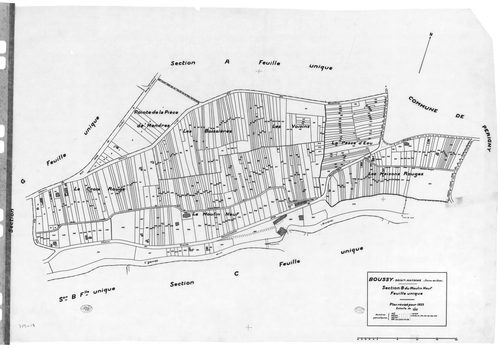 BOUSSY-SAINT-ANTOINE .- Cadastre révisé pour 1933 : plans de la section A la Cote de Rochau, section B Moulin Neuf, section C le Béry, section D le Petit Quincy, section E les Friches, section G le Village ; cadastre révisé pour 1940 : section D le Petit 