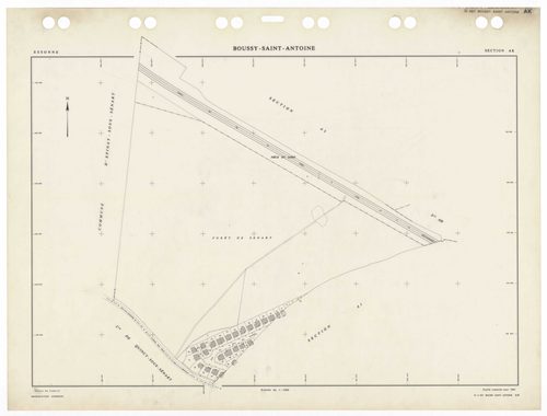 BOUSSY-SAINT-ANTOINE, plans minutes de conservation : tableau d'assemblage,1985, Ech. 1/5000 ; plans des sections AA, AB, AC, AE, AH, AI, AK, AL, AM, AN, AO, 1985, Ech. 1/1000, section AD, 1985, Ech. 1/2000. Polyester. N et B. Dim. 105 x 80 cm [13 plans].