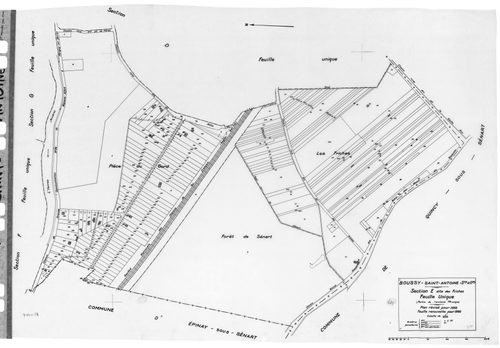 BOUSSY-SAINT-ANTOINE .- Cadastre révisé pour 1933 : plans de la section A la Cote de Rochau, section B Moulin Neuf, section C le Béry, section D le Petit Quincy, section E les Friches, section G le Village ; cadastre révisé pour 1940 : section D le Petit 