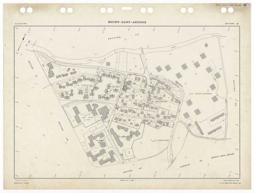 BOUSSY-SAINT-ANTOINE, plans minutes de conservation : tableau d'assemblage,1985, Ech. 1/5000 ; plans des sections AA, AB, AC, AE, AH, AI, AK, AL, AM, AN, AO, 1985, Ech. 1/1000, section AD, 1985, Ech. 1/2000. Polyester. N et B. Dim. 105 x 80 cm [13 plans].